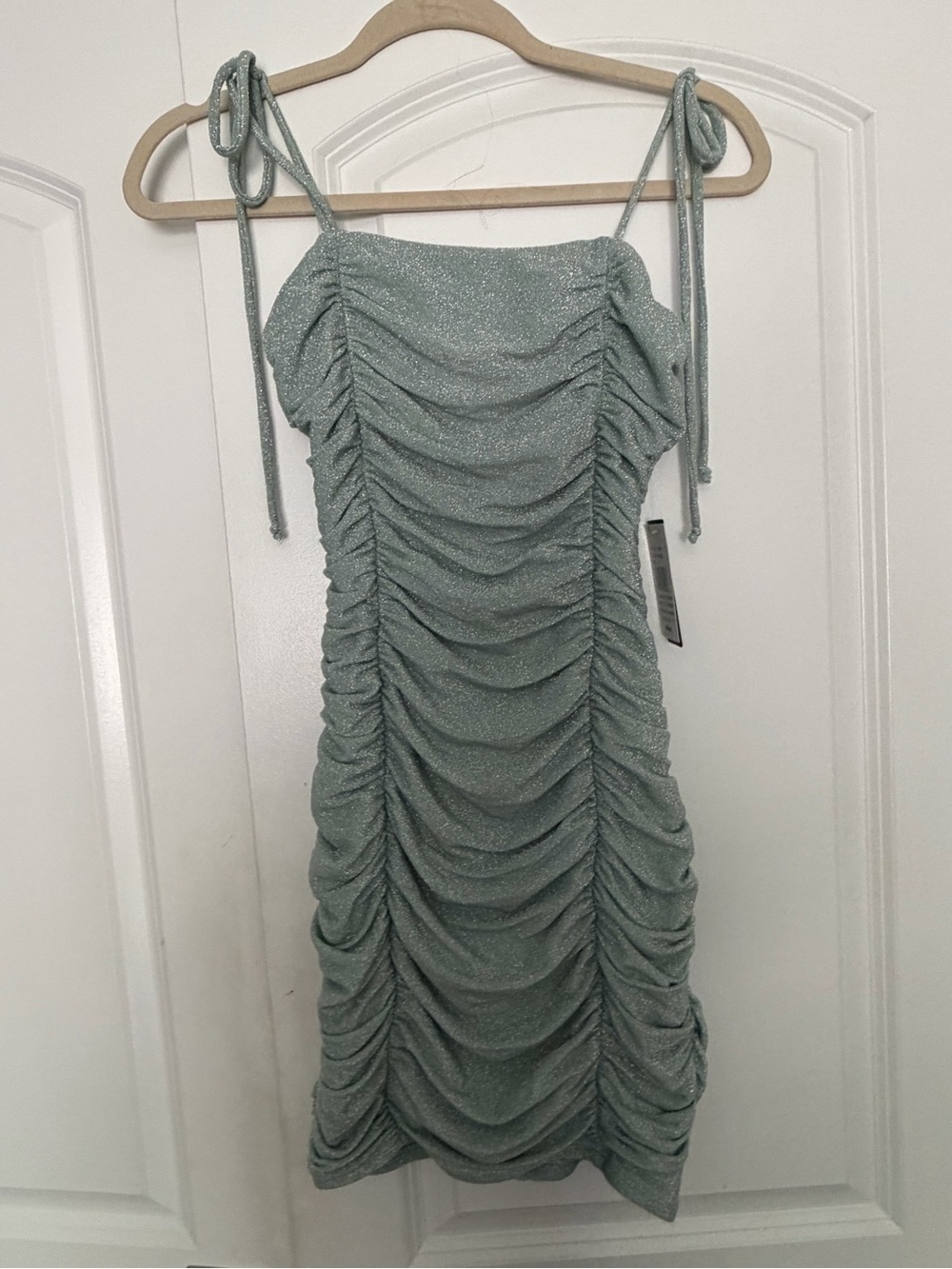 Tie-Shoulder Ruched Sage Green Party Dress